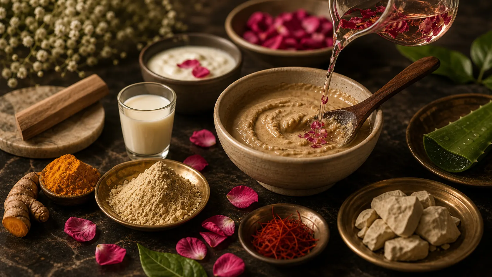 Herbal face pack powder mixing ritual with rose water and milk
